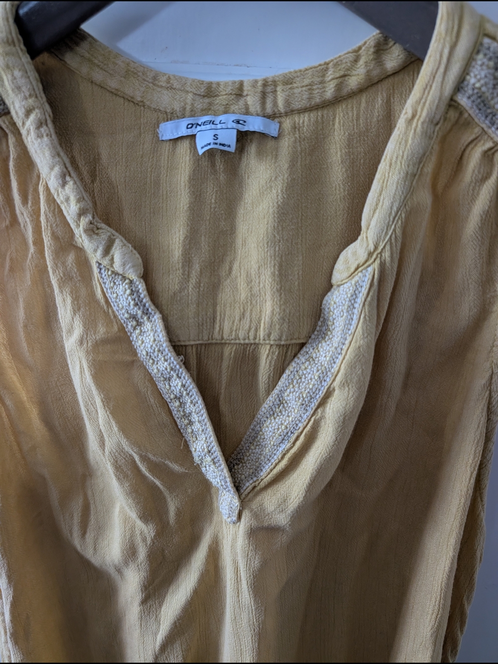 O'Neill Mustard Yellow Gauze Dress Small Embroidered Boho Trim - Picture 3 of 8